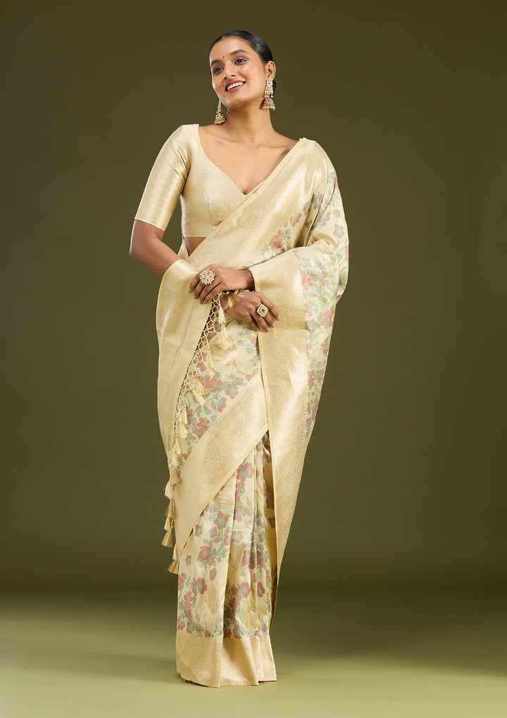 Cream Zariwork (Silver) Art Silk Silk Saree