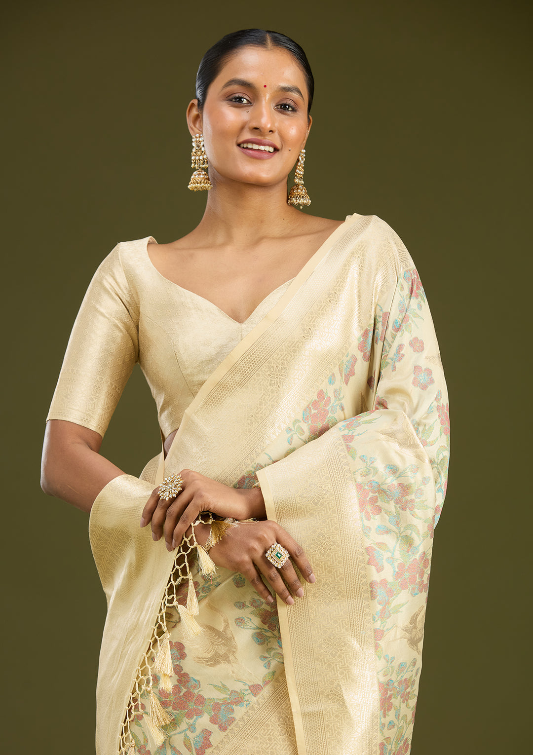 Cream Zariwork (Silver) Art Silk Silk Saree