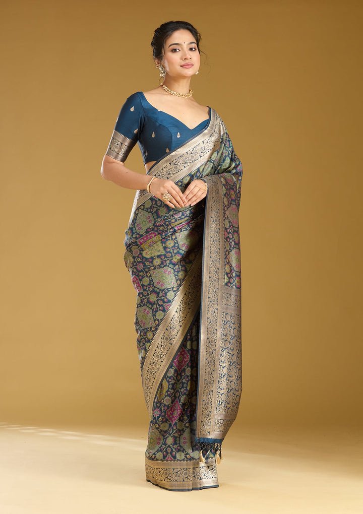 Peacock Blue Zariwork (Silver) Art Silk Silk Saree