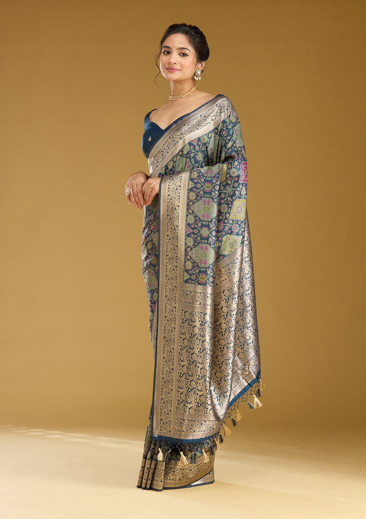 Peacock Blue Zariwork (Silver) Art Silk Silk Saree