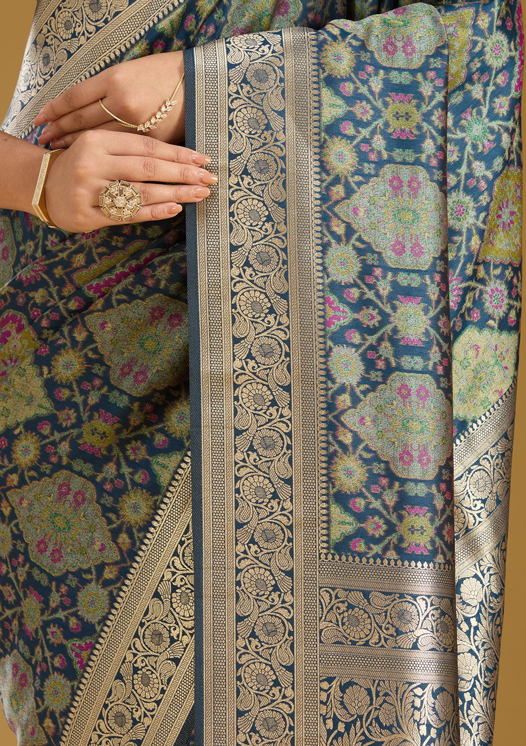 Peacock Blue Zariwork (Silver) Art Silk Silk Saree