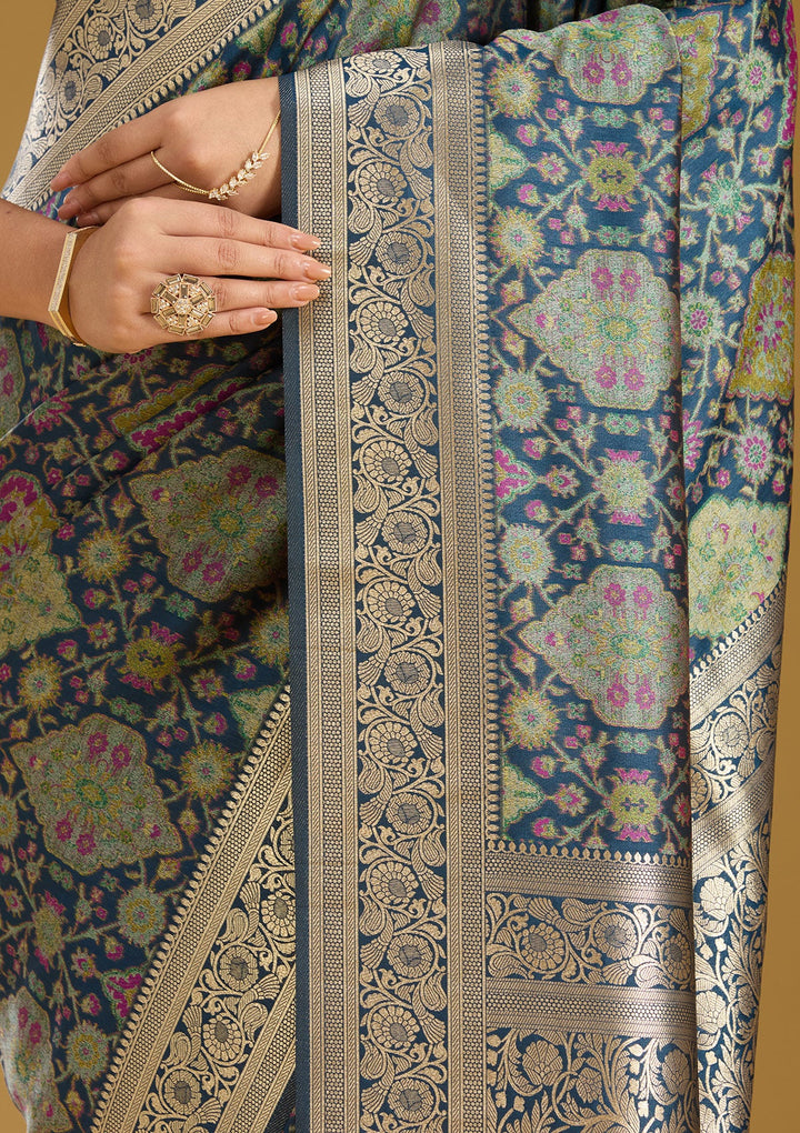 Peacock Blue Zariwork (Silver) Art Silk Silk Saree