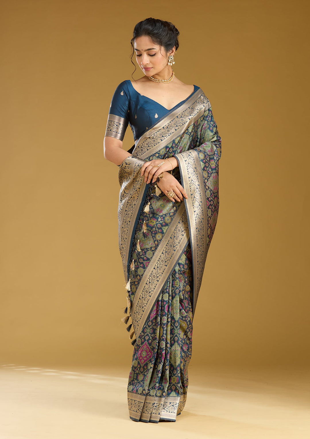Peacock Blue Zariwork (Silver) Art Silk Silk Saree