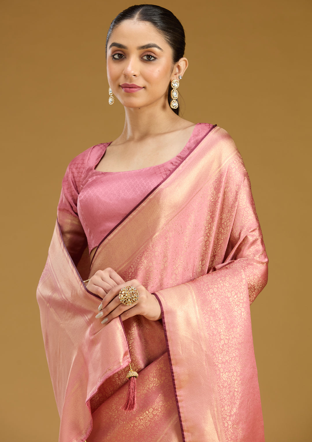 Onion Pink Zariwork Art Silk Saree
