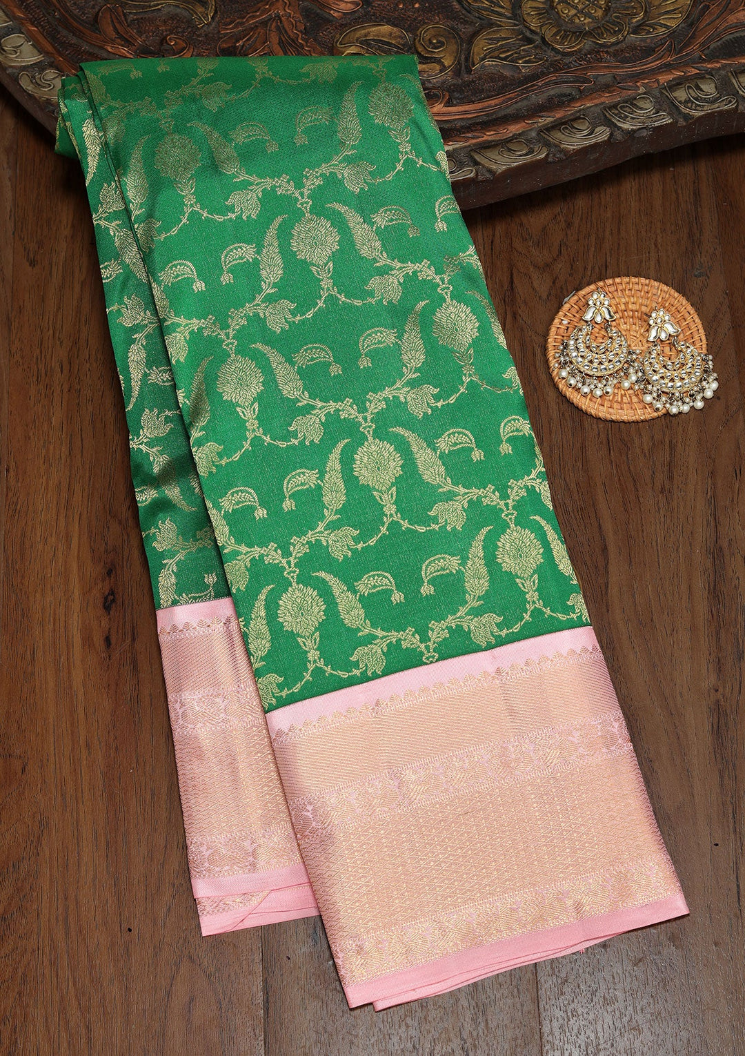 Bottle Green Zariwork Pure Silk Saree-koskii