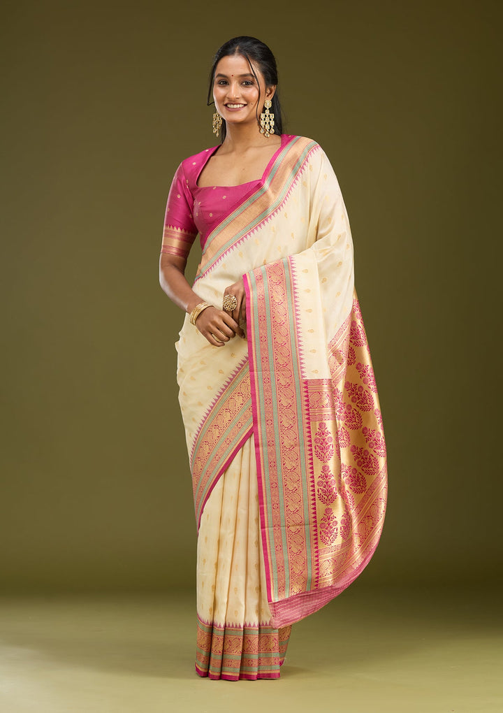Off White Zariwork (Gold) Silk Saree