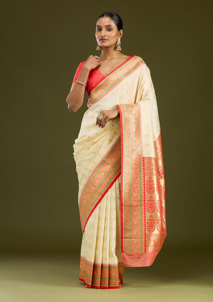 Off White Zariwork (Gold) Silk Silk Saree