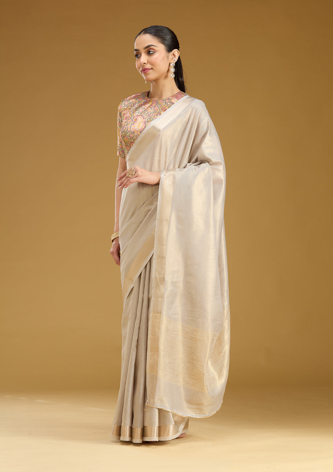 Grey Zariwork (Gold) Silk Saree