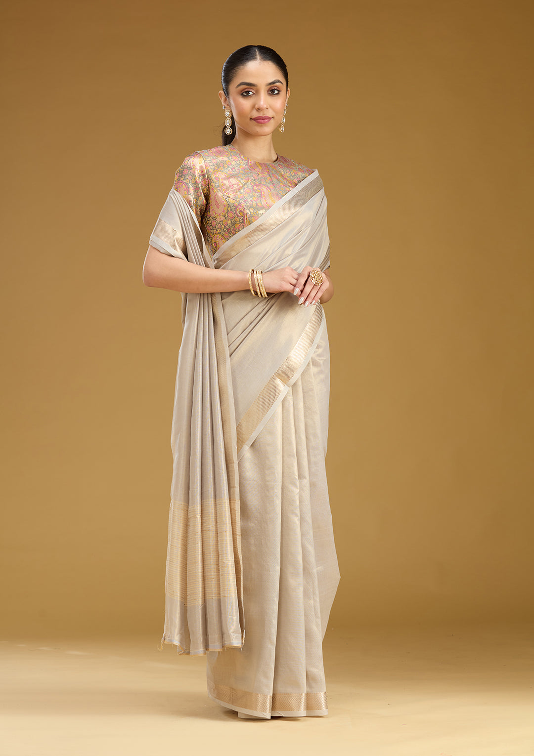 Grey Zariwork (Gold) Silk Saree