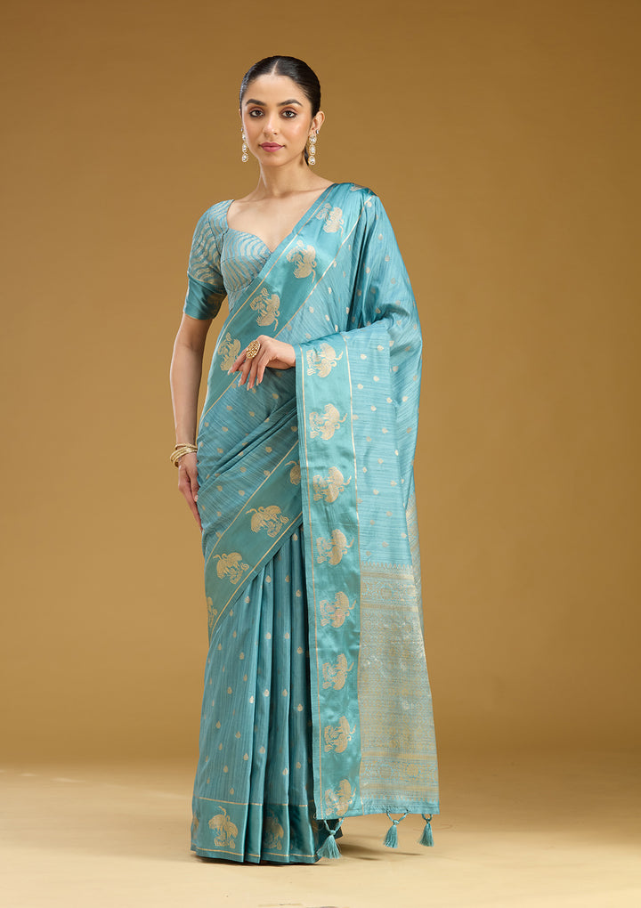 Sky Blue Zariwork (Gold) Silk Saree