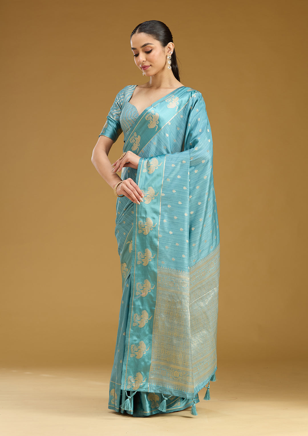 Sky Blue Zariwork (Gold) Silk Saree