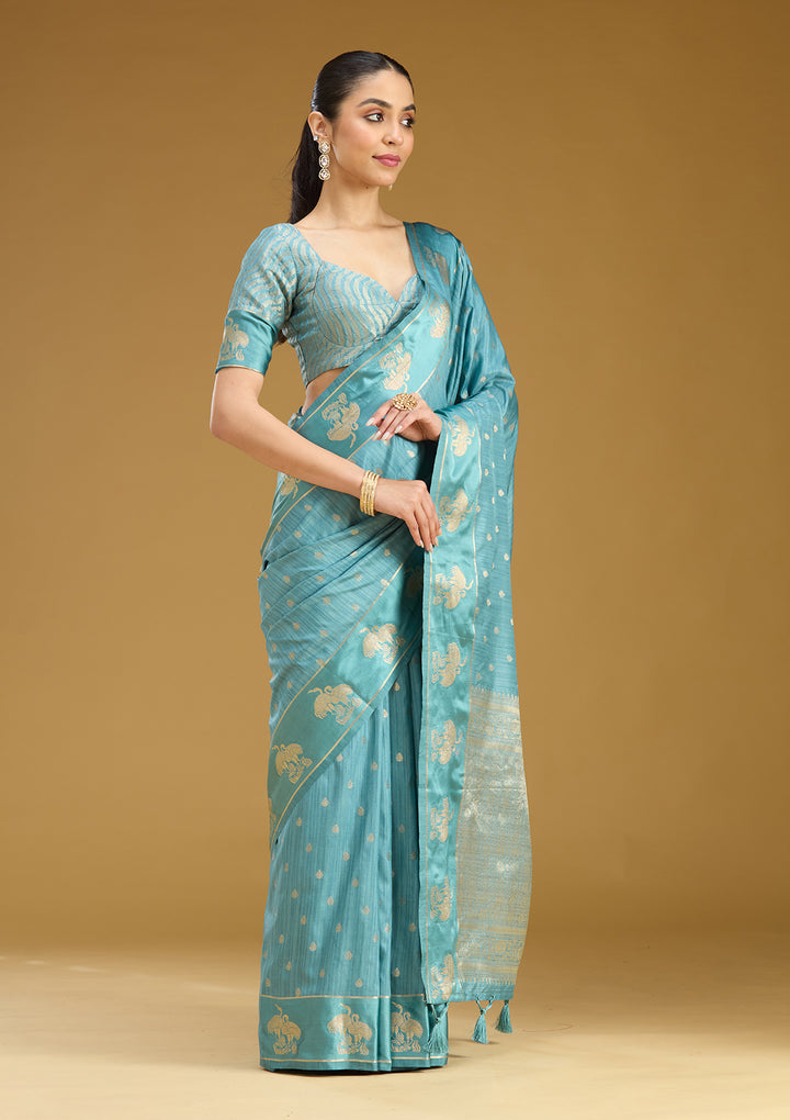 Sky Blue Zariwork (Gold) Silk Saree