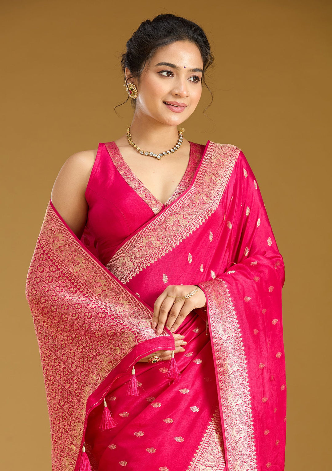 Rani Pink Zariwork (Gold) Silk Silk Saree