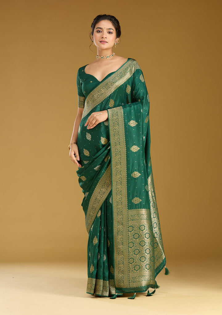 Bottle Green Zariwork (Gold) Silk Saree
