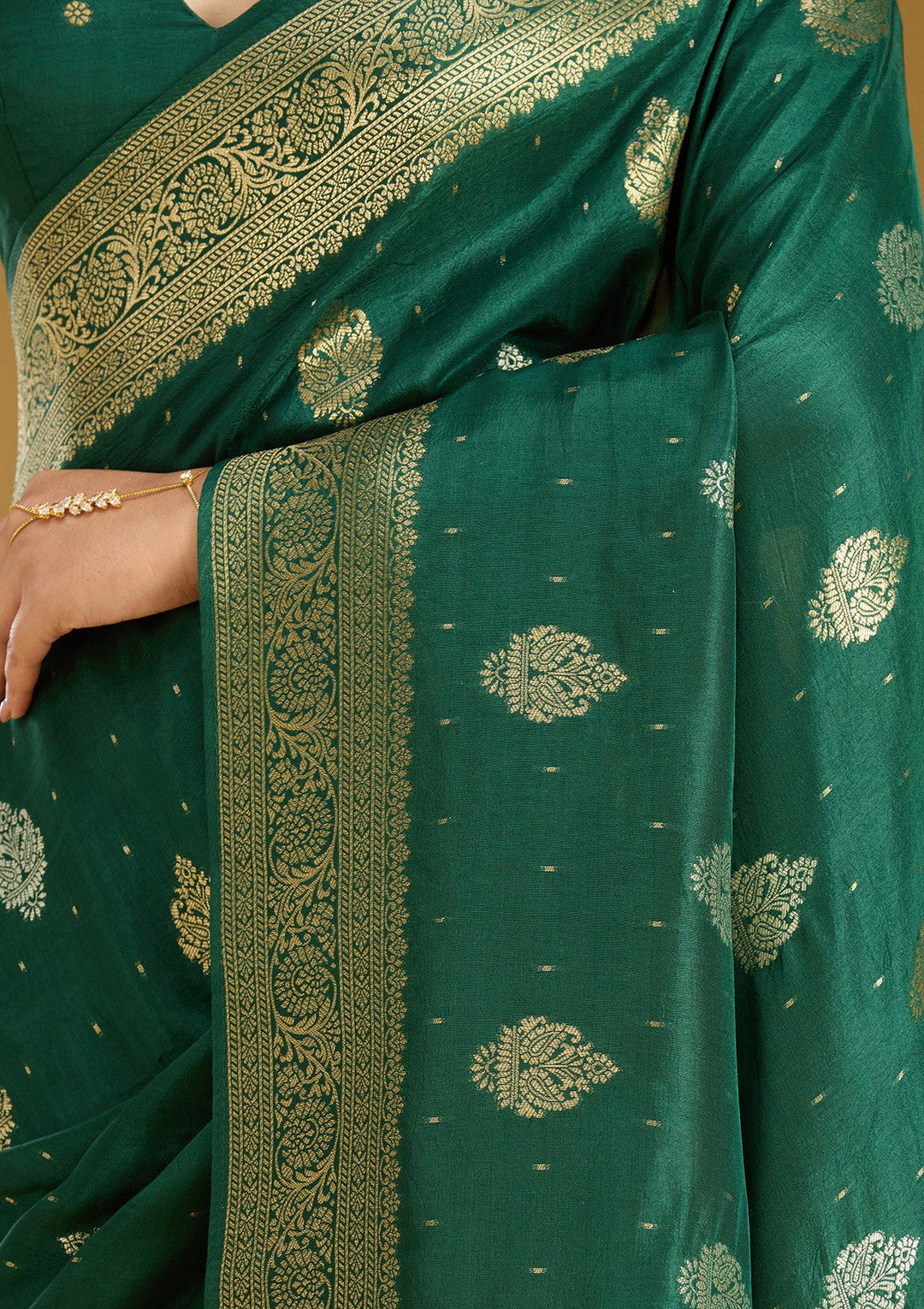 Bottle Green Zariwork (Gold) Silk Saree