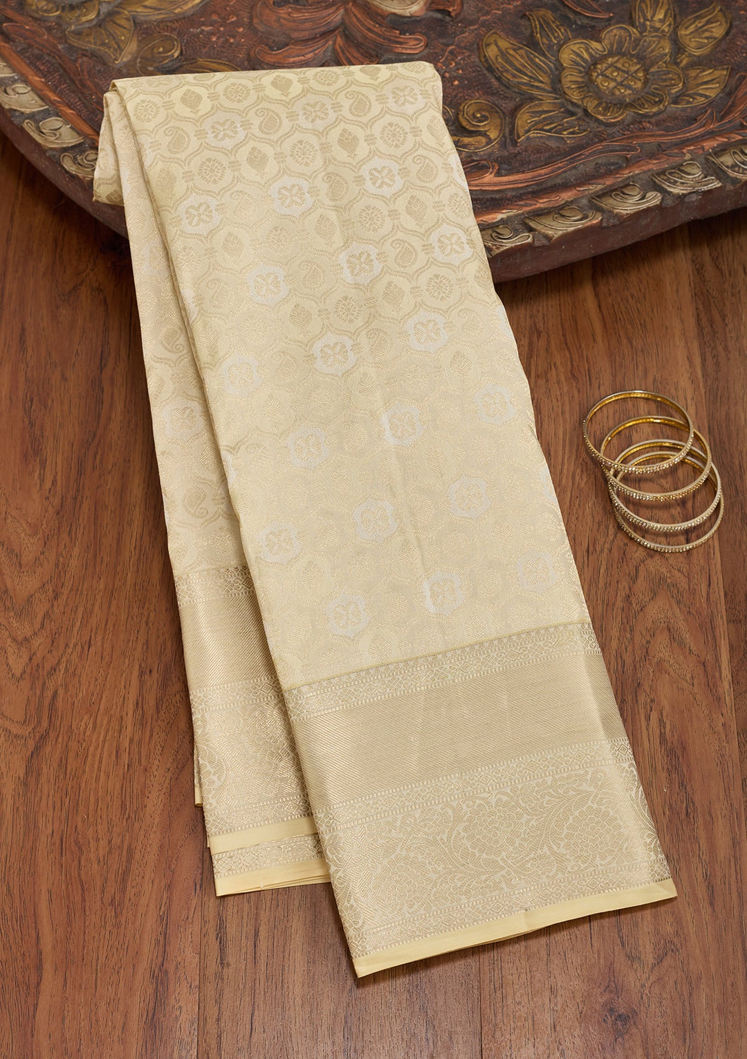 Cream Silk Jaal Silver Zariwork Saree With Matching Blouse Piece