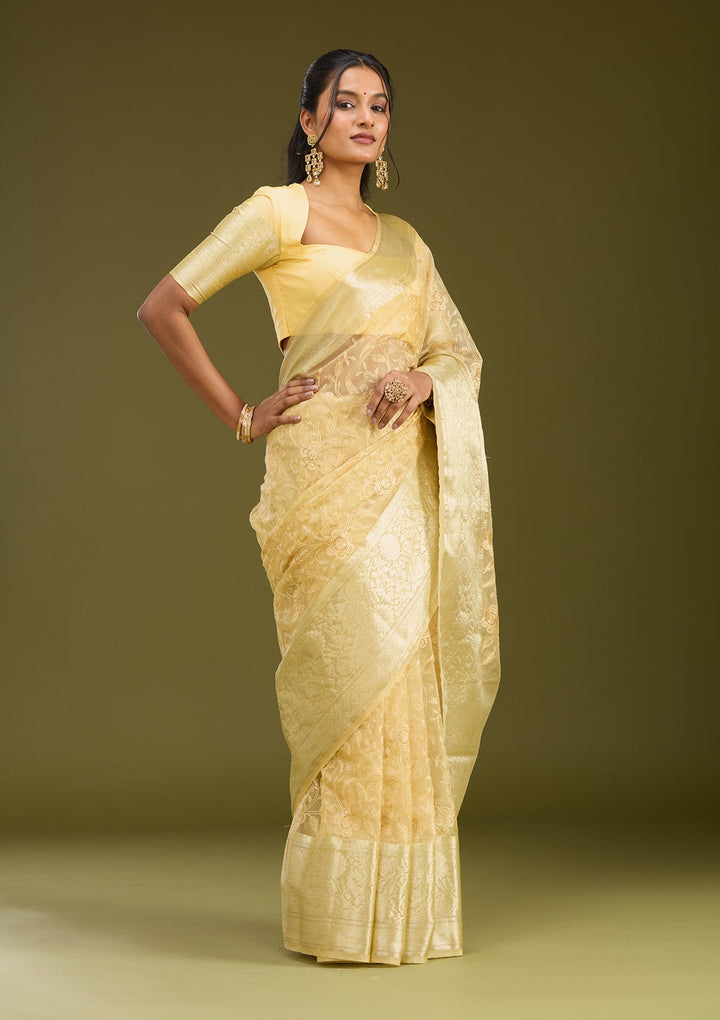 Beige Zariwork (Gold) Silk Saree