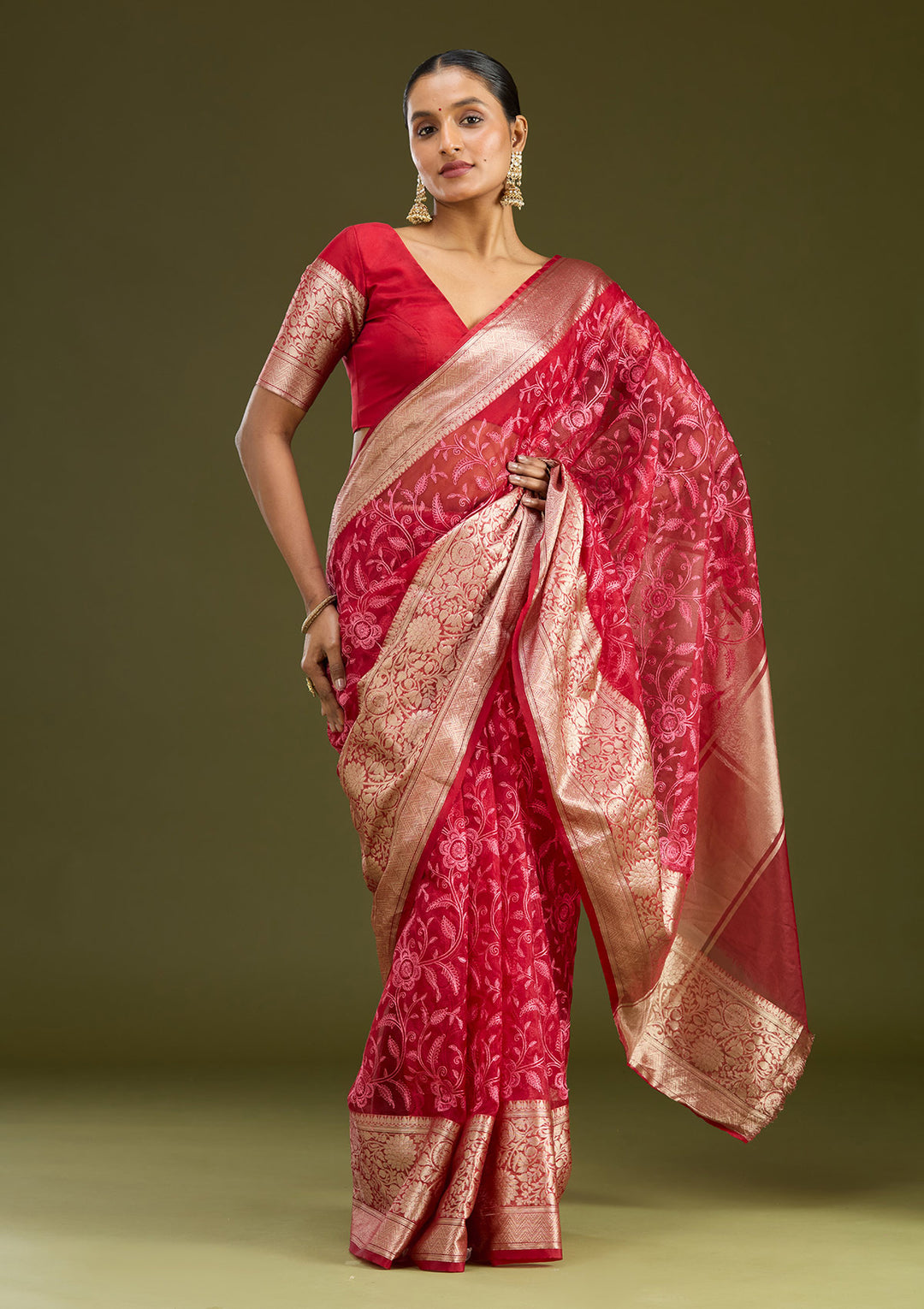 Red Zariwork Cotton Silk Saree