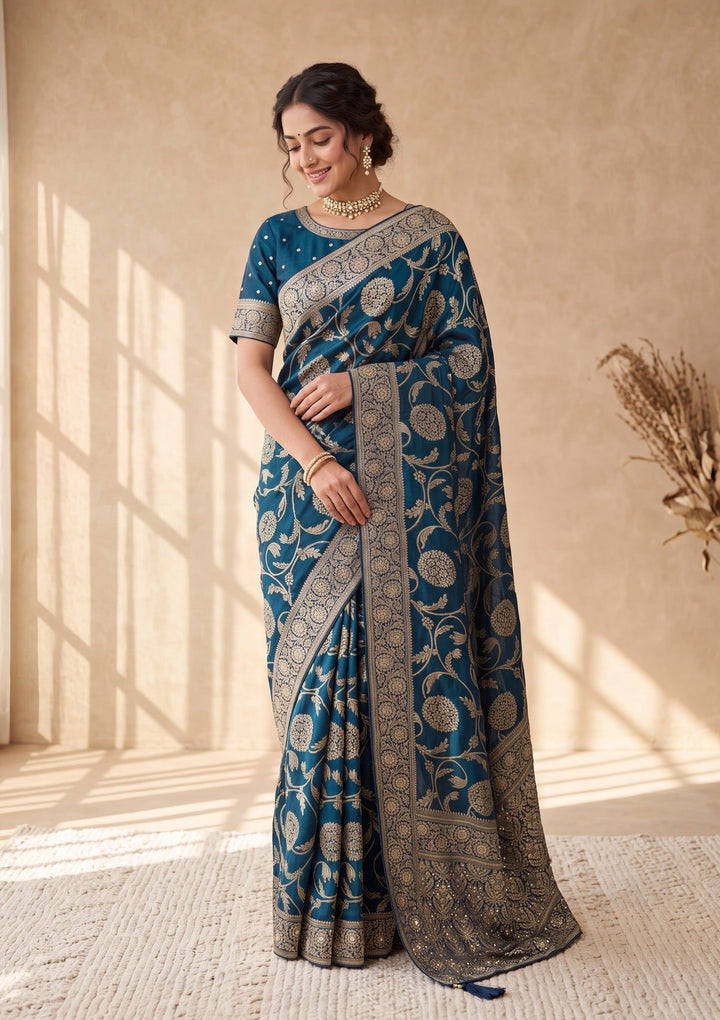 Peacock Blue Silk Jaal Cutdana Saree With Matching Blouse Piece