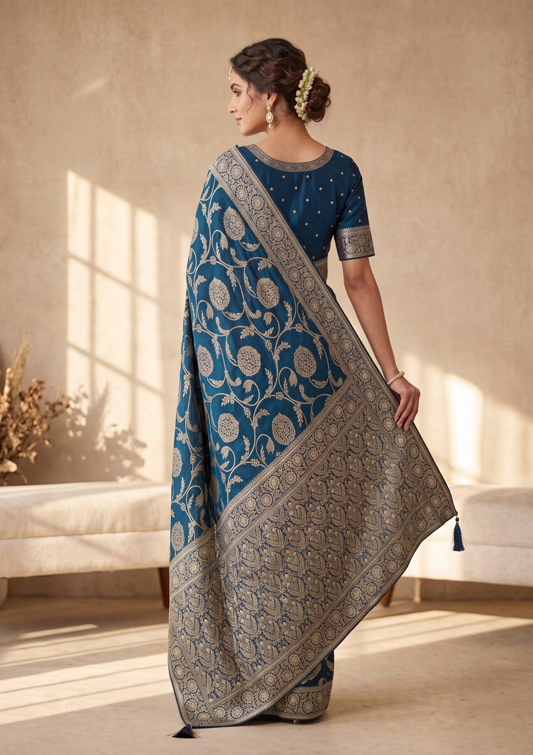 Peacock Blue Silk Jaal Cutdana Saree With Matching Blouse Piece