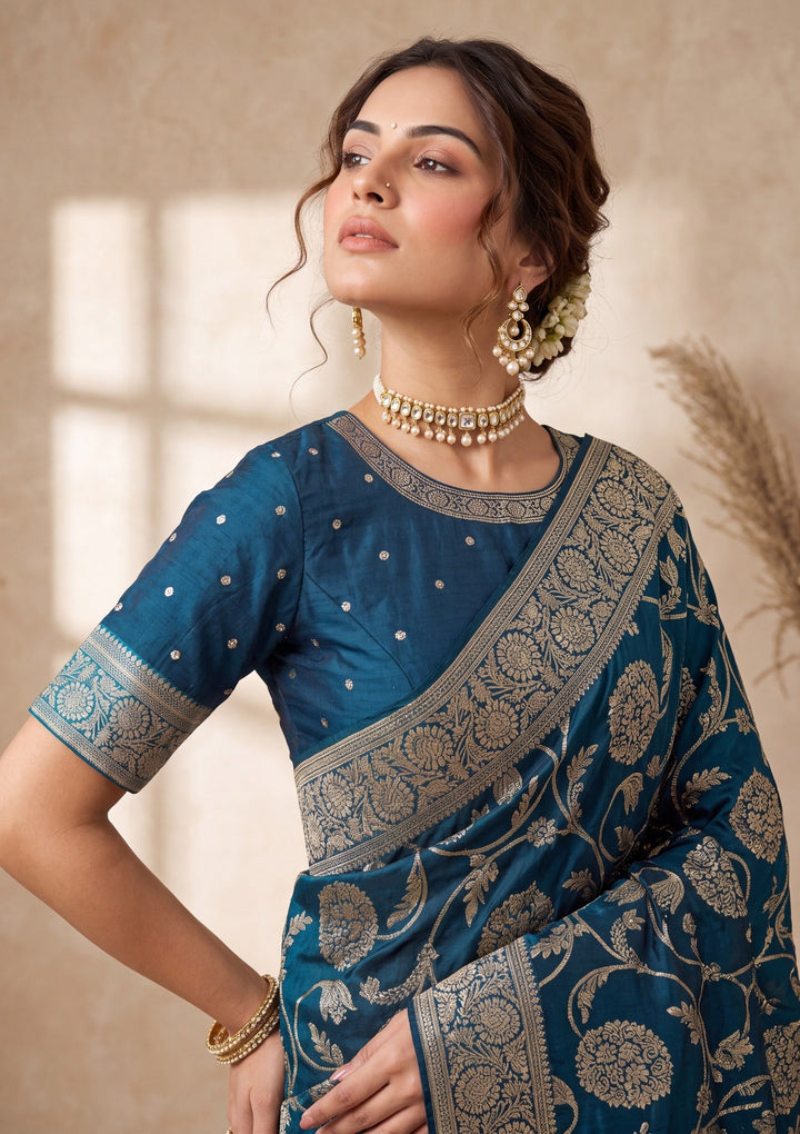 Peacock Blue Silk Jaal Cutdana Saree With Matching Blouse Piece