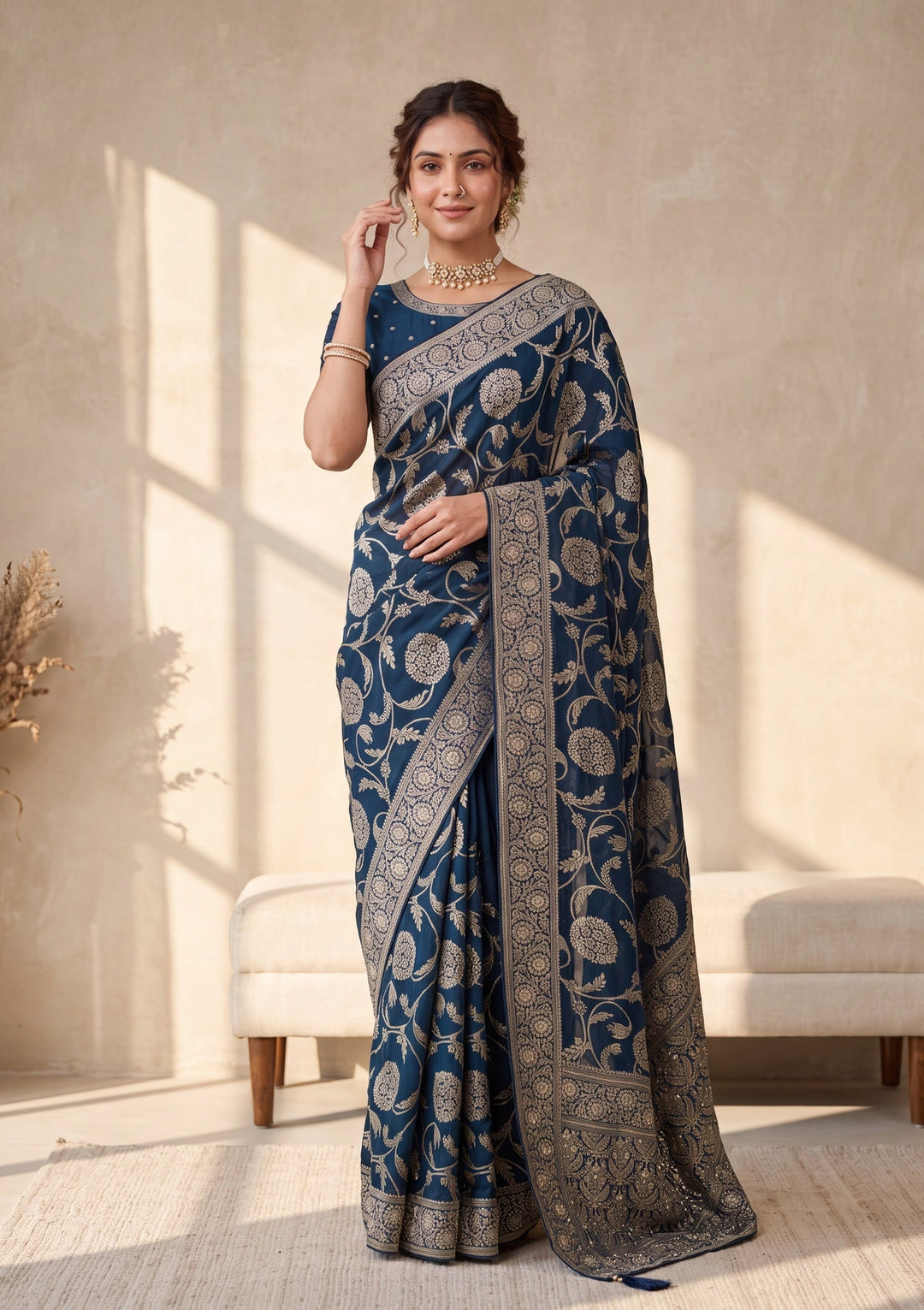 Peacock Blue Silk Jaal Cutdana Saree With Matching Blouse Piece