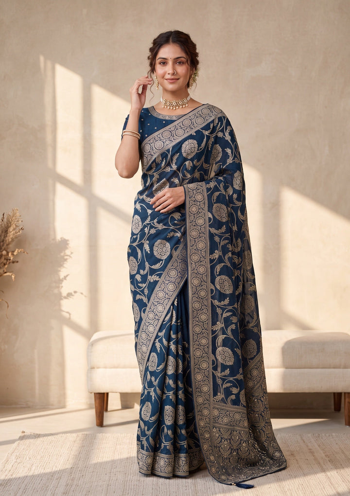 Peacock Blue Silk Jaal Cutdana Saree With Matching Blouse Piece