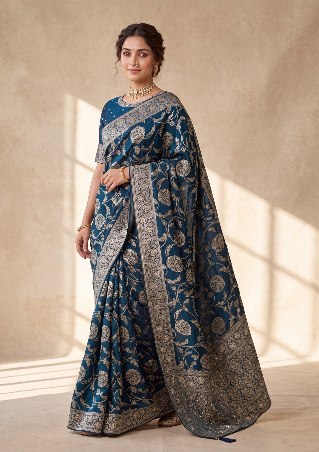 Peacock Blue Silk Jaal Cutdana Saree With Matching Blouse Piece