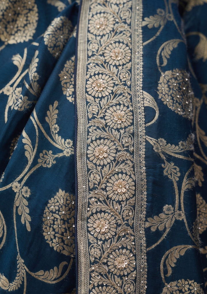 Peacock Blue Silk Jaal Cutdana Saree With Matching Blouse Piece