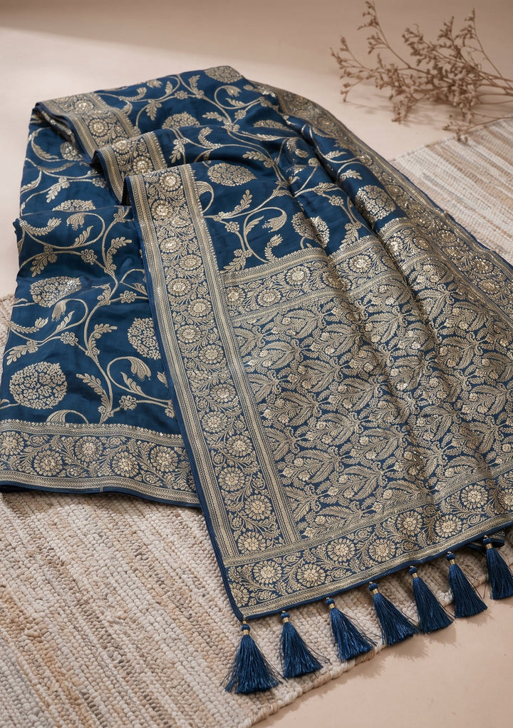 Peacock Blue Silk Jaal Cutdana Saree With Matching Blouse Piece