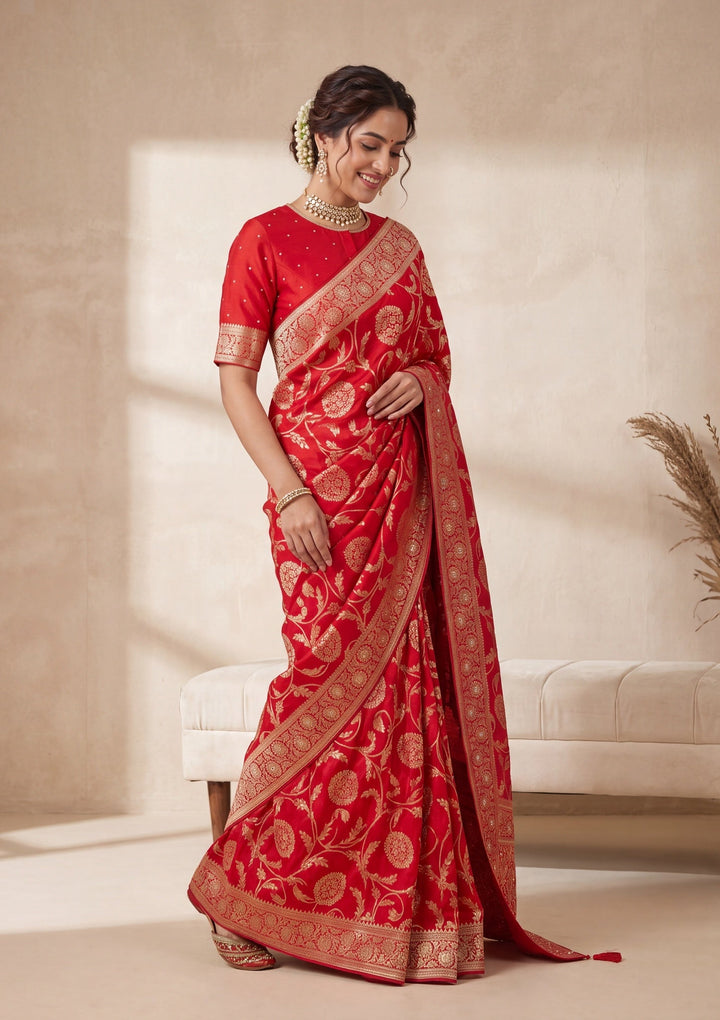 Red Silk Jaal Cutdana Saree With Matching Blouse Piece