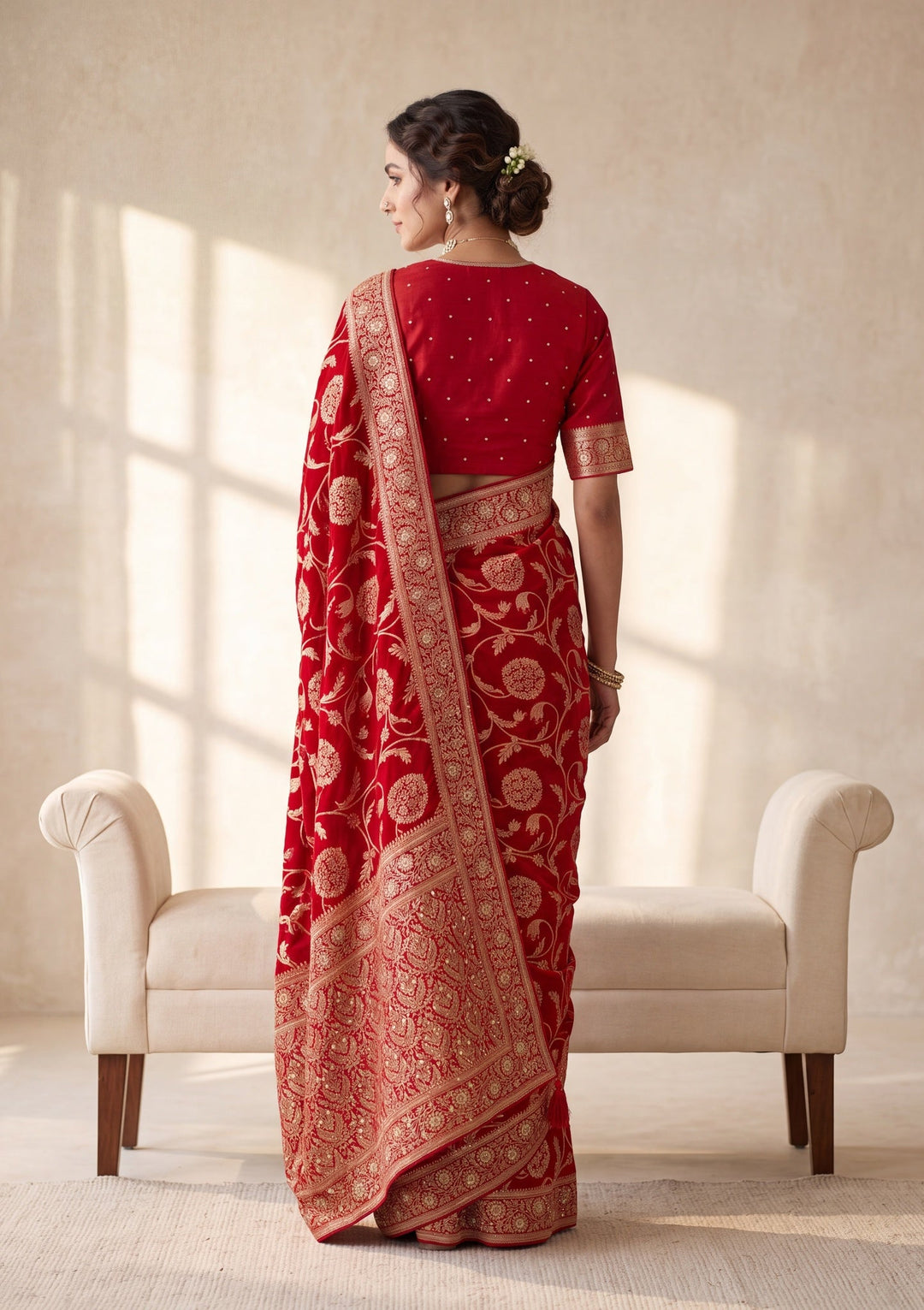 Red Silk Jaal Cutdana Saree With Matching Blouse Piece