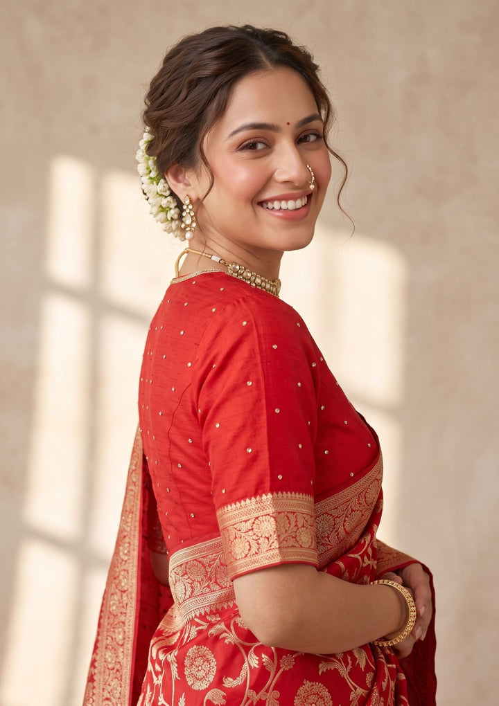 Red Silk Jaal Cutdana Saree With Matching Blouse Piece