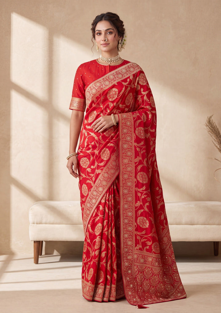Red Silk Jaal Cutdana Saree With Matching Blouse Piece