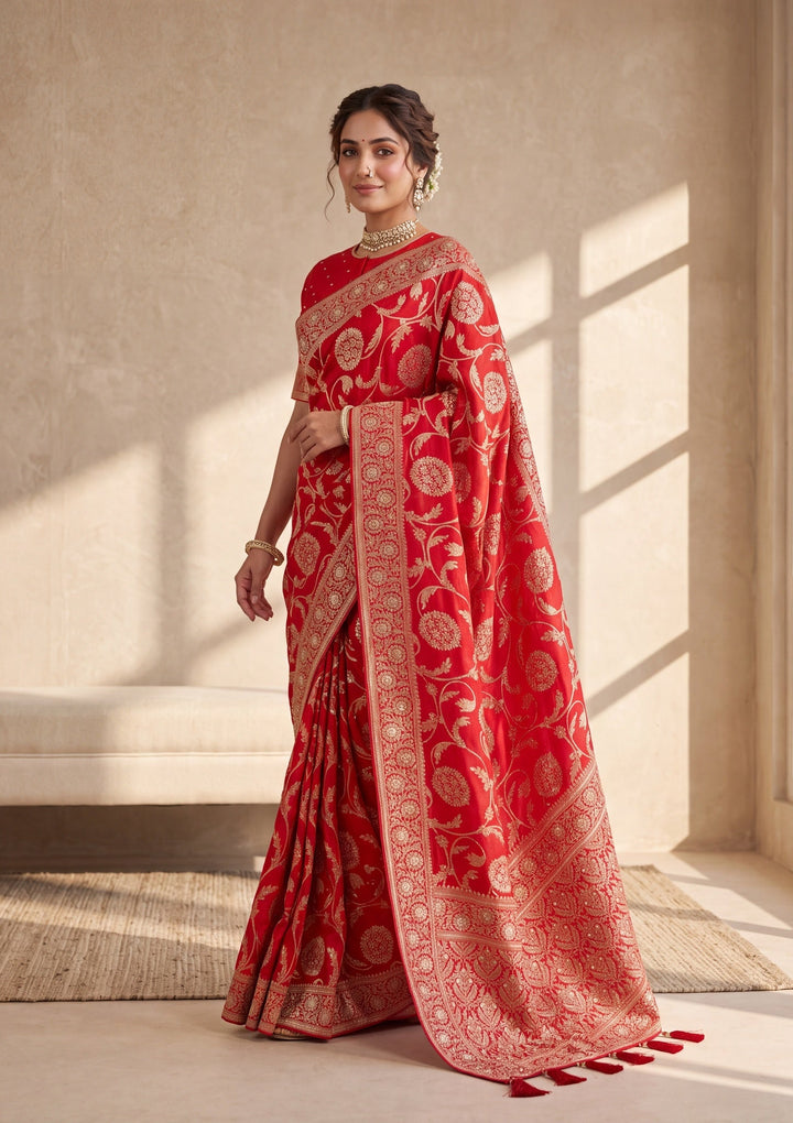 Red Silk Jaal Cutdana Saree With Matching Blouse Piece