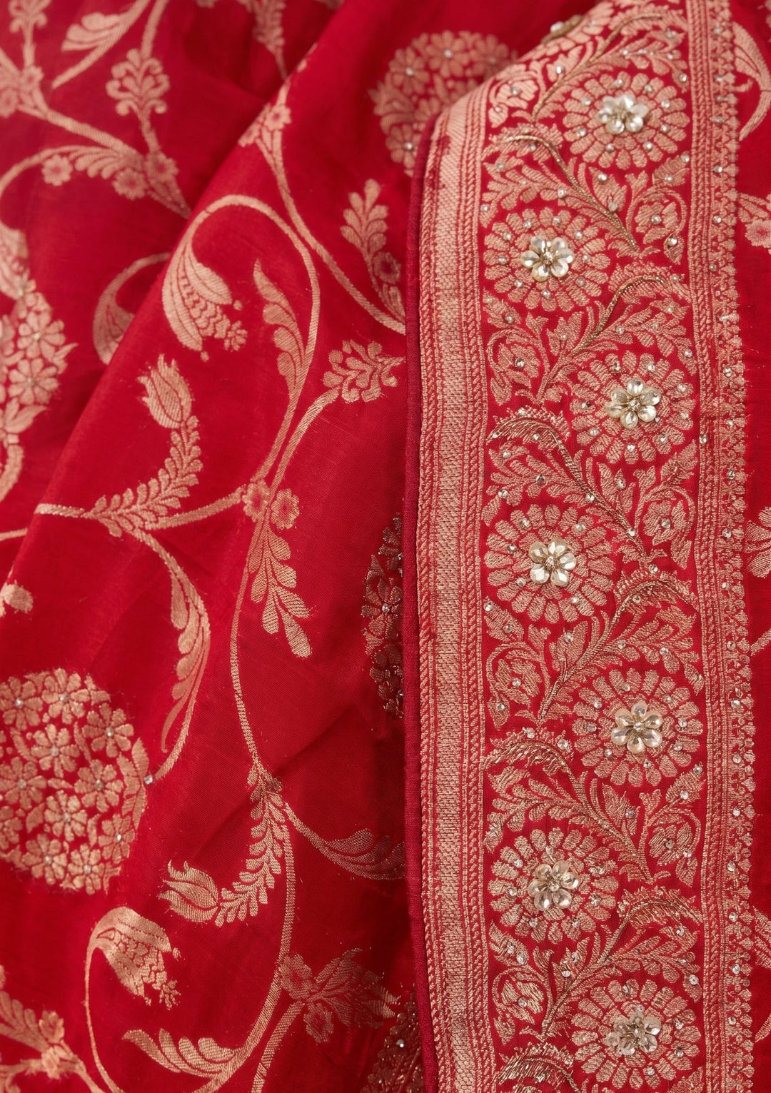 Red Silk Jaal Cutdana Saree With Matching Blouse Piece