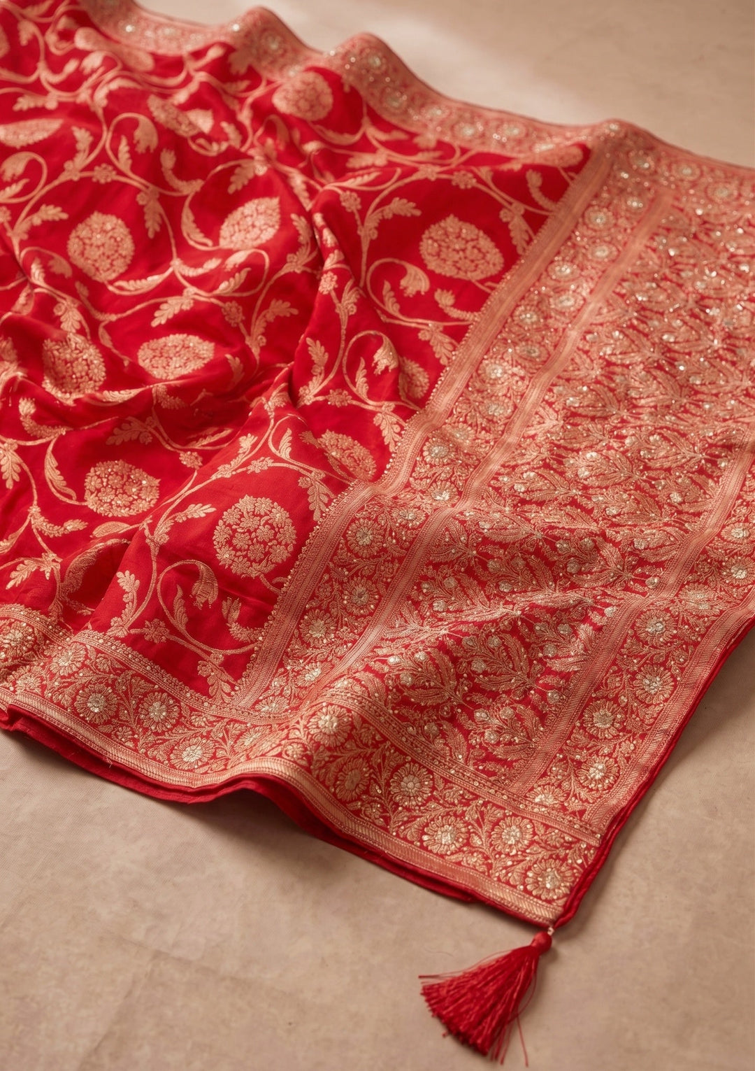 Red Silk Jaal Cutdana Saree With Matching Blouse Piece