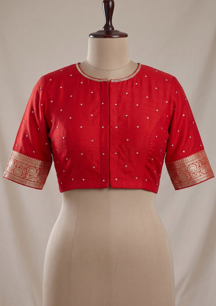 Red Silk Jaal Cutdana Saree With Matching Blouse Piece