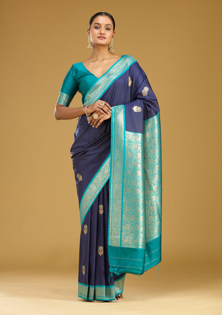 Navy Blue Zariwork (Gold) Silk Silk Saree