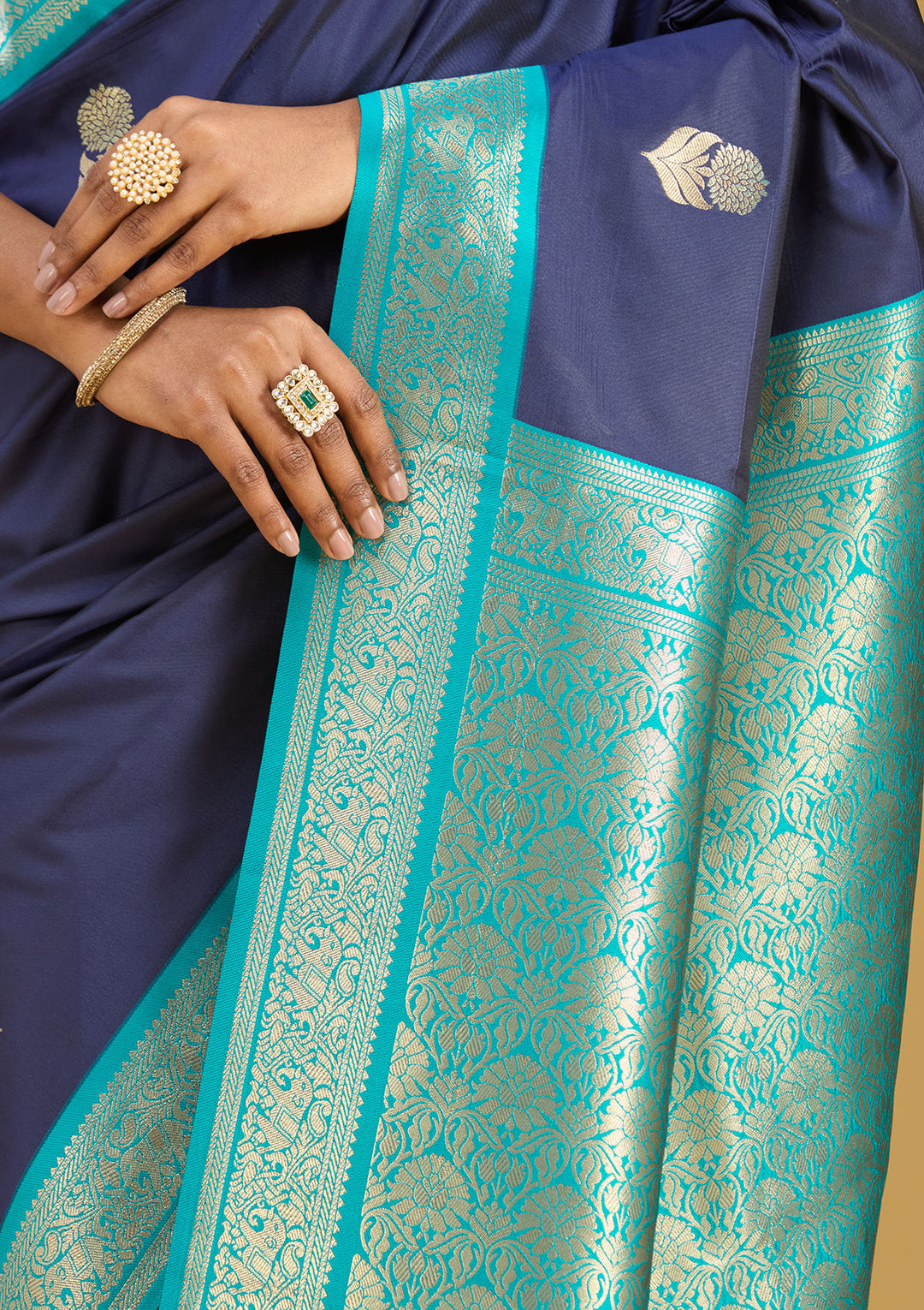 Navy Blue Zariwork (Gold) Silk Silk Saree
