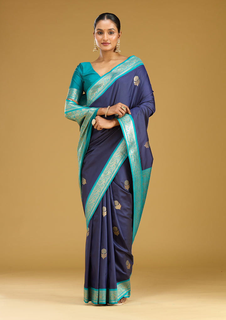 Navy Blue Zariwork (Gold) Silk Silk Saree