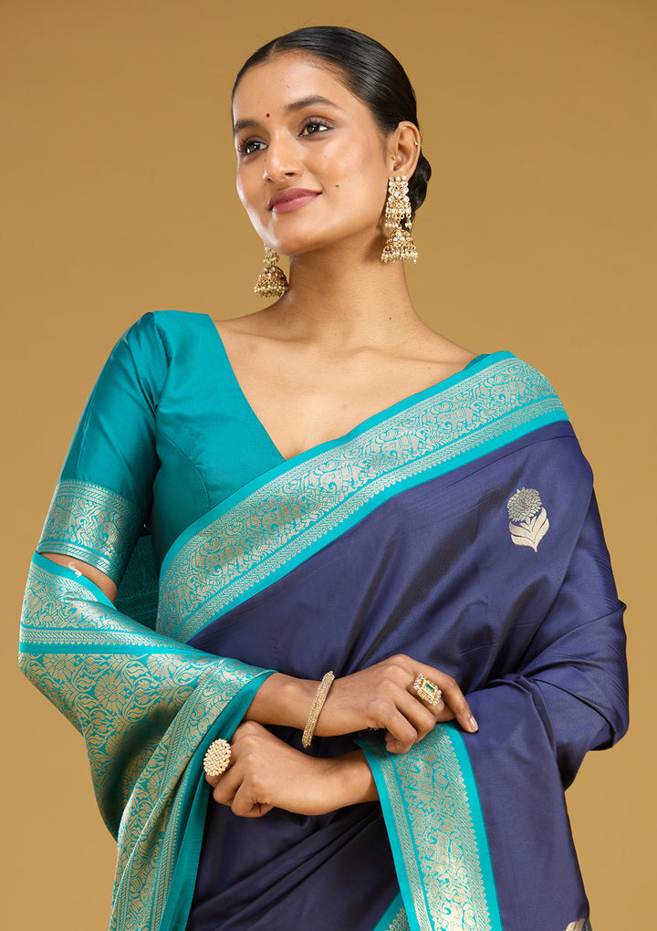 Navy Blue Zariwork (Gold) Silk Silk Saree