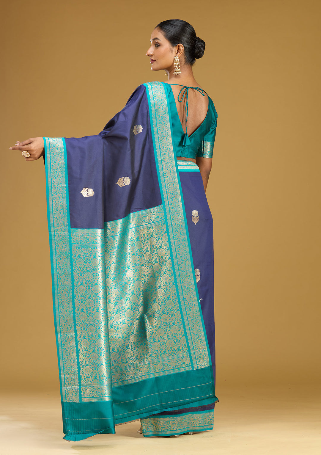 Navy Blue Zariwork (Gold) Silk Silk Saree