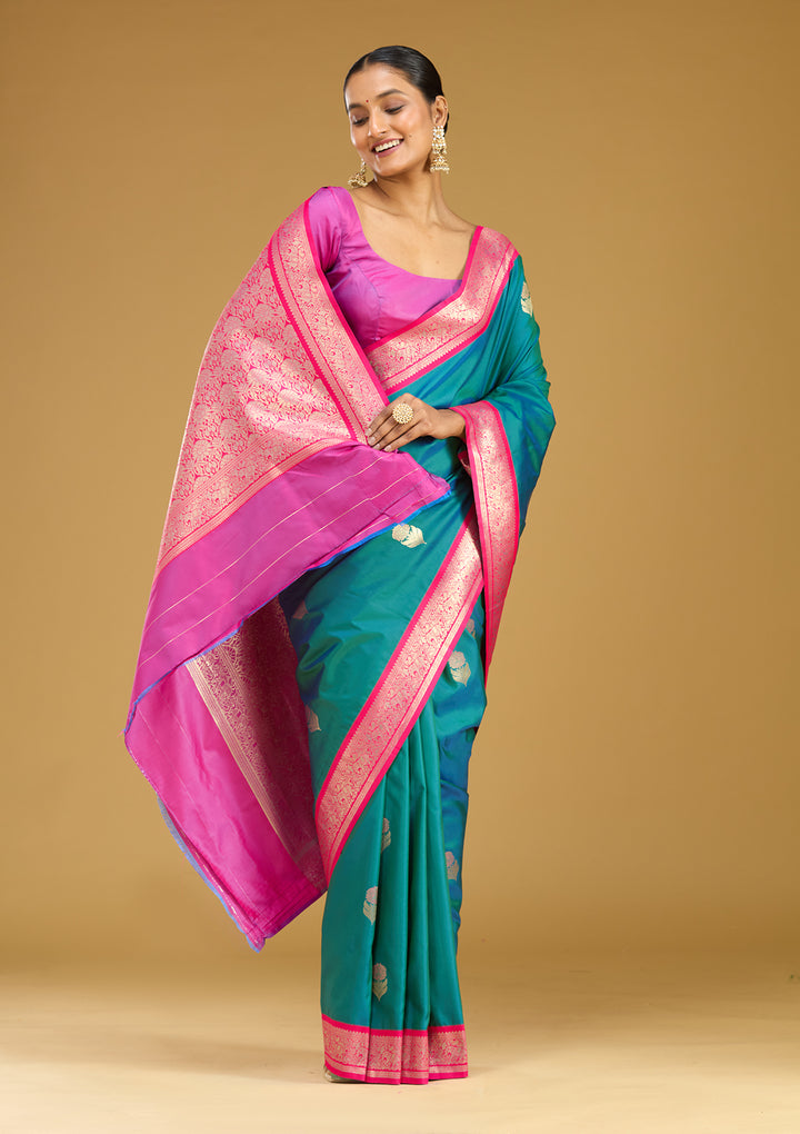 Peacock Blue Zariwork (Gold) Silk Silk Saree