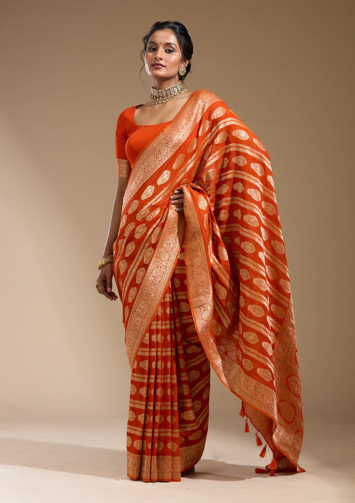 Orange Zariwork (Gold) Georgette Silk Saree