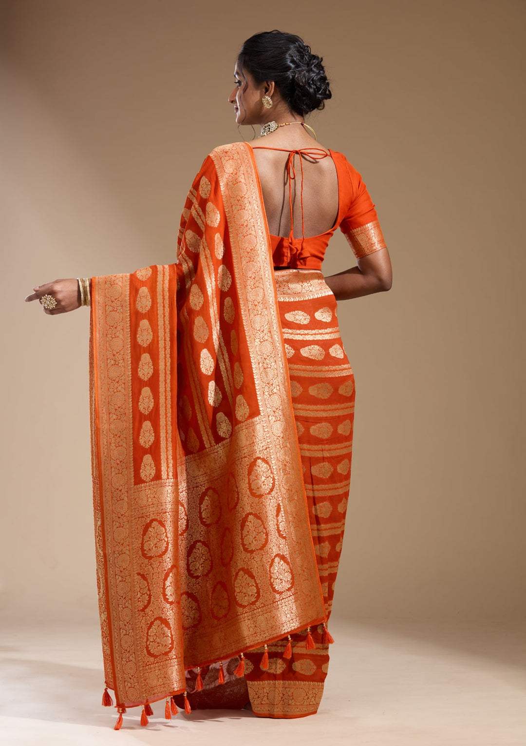Orange Zariwork (Gold) Georgette Silk Saree