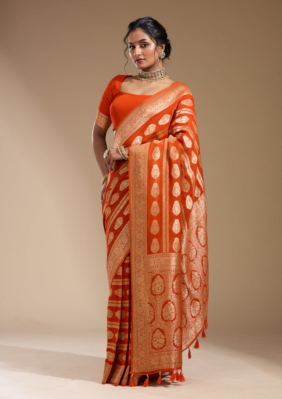 Orange Zariwork (Gold) Georgette Silk Saree