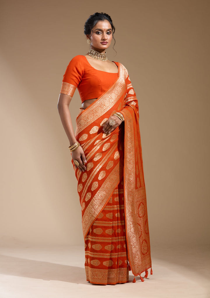 Orange Zariwork (Gold) Georgette Silk Saree