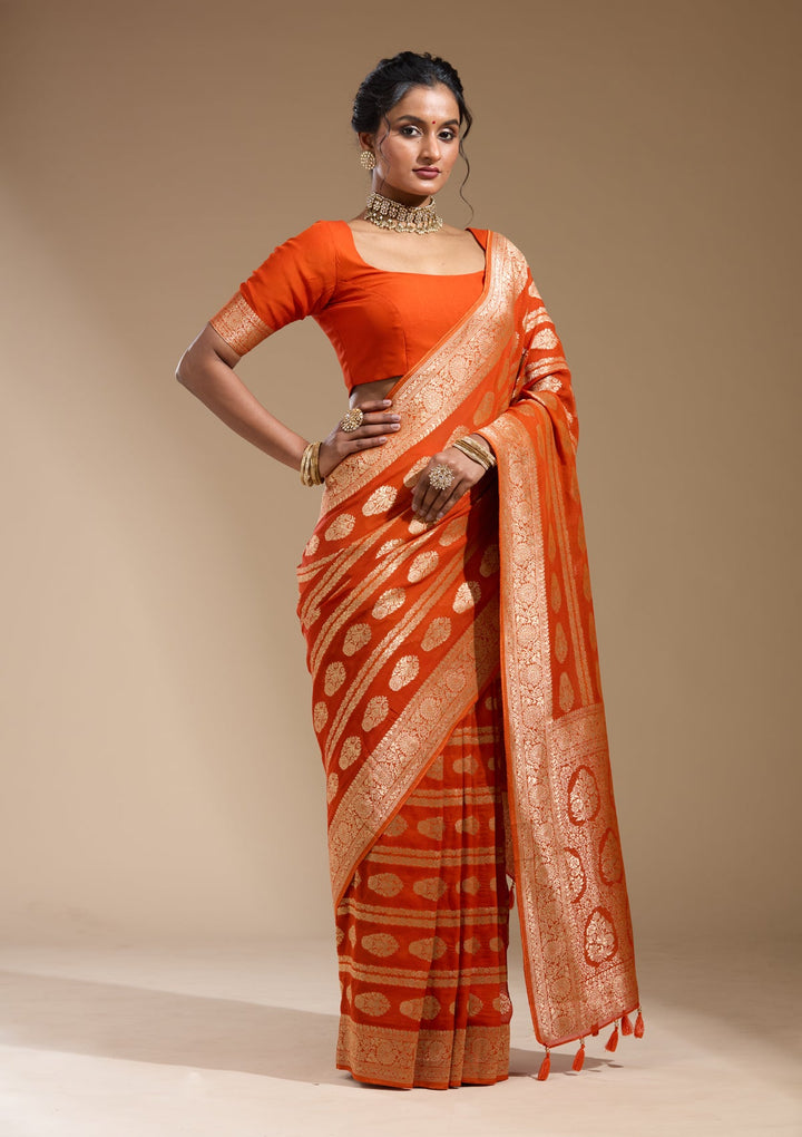 Orange Zariwork (Gold) Georgette Silk Saree