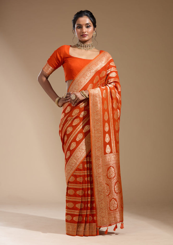 Orange Zariwork (Gold) Georgette Silk Saree